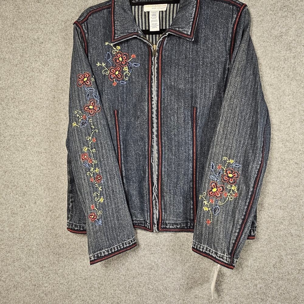 Embroidered Grandma Chic Floral Cottagecore Denim Jean Zip Up Jacket Large New